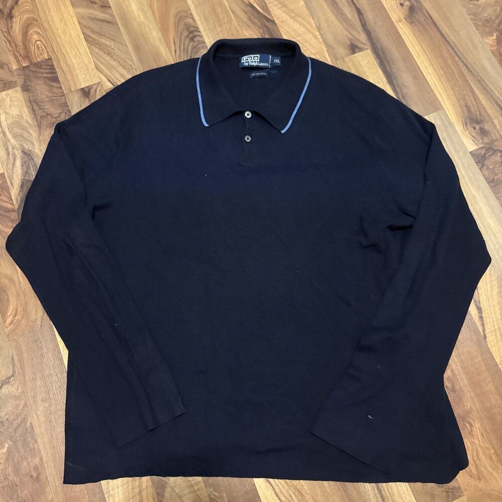 Vtg 90s Polo Ralph Lauren Pima Cotton Polo Sweater Mens XXL Navy Blue Tipped